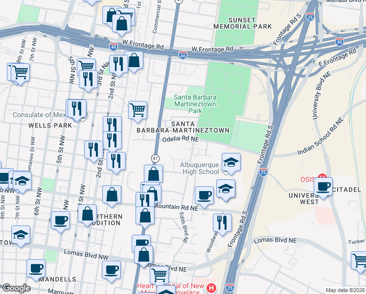 map of restaurants, bars, coffee shops, grocery stores, and more near 515 San Ignacio Court Northeast in Albuquerque