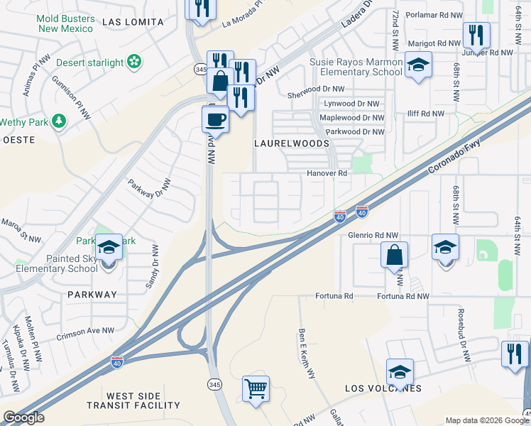 map of restaurants, bars, coffee shops, grocery stores, and more near 7816 Baybrook Road Northwest in Albuquerque