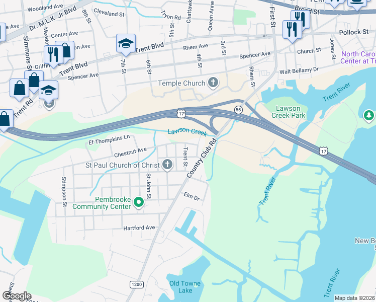 map of restaurants, bars, coffee shops, grocery stores, and more near 1707 Trent Street in New Bern