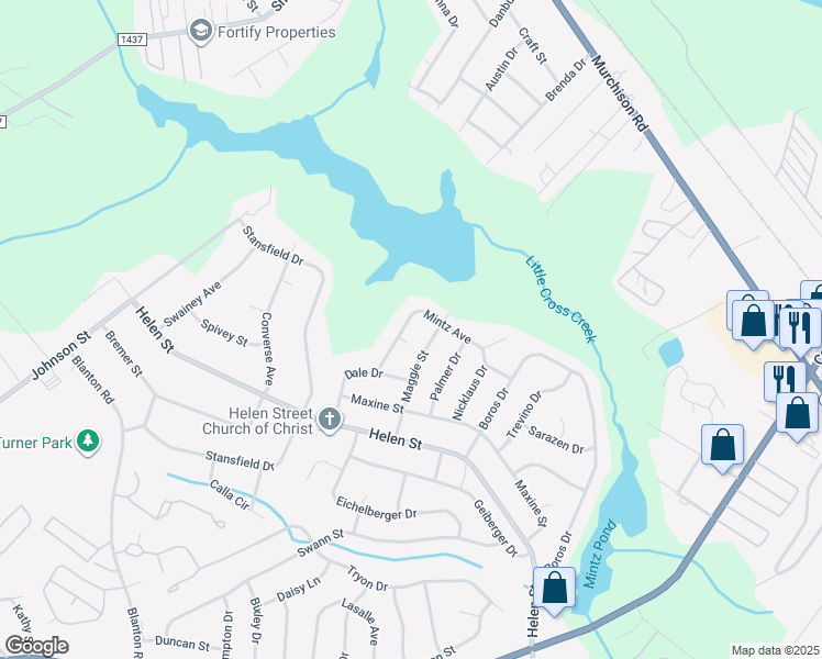 map of restaurants, bars, coffee shops, grocery stores, and more near 1522 Mintz Avenue in Fayetteville