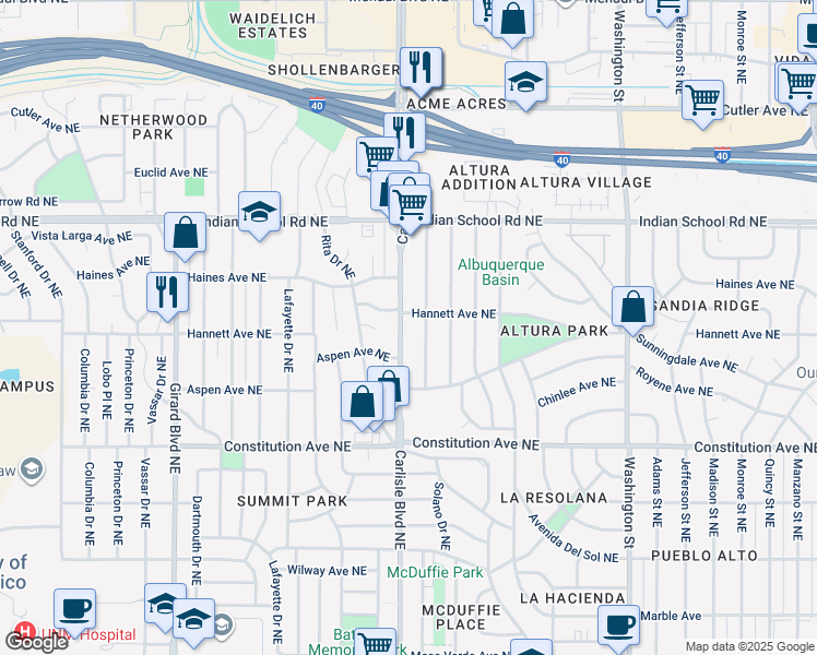 map of restaurants, bars, coffee shops, grocery stores, and more near in Albuquerque