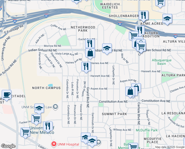 map of restaurants, bars, coffee shops, grocery stores, and more near 1401 Dartmouth Drive Northeast in Albuquerque