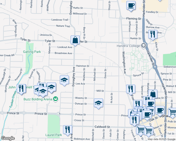 map of restaurants, bars, coffee shops, grocery stores, and more near 1928 Independence Street in Conway