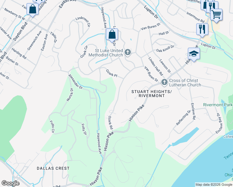 map of restaurants, bars, coffee shops, grocery stores, and more near 2919 Ozark Road in Chattanooga