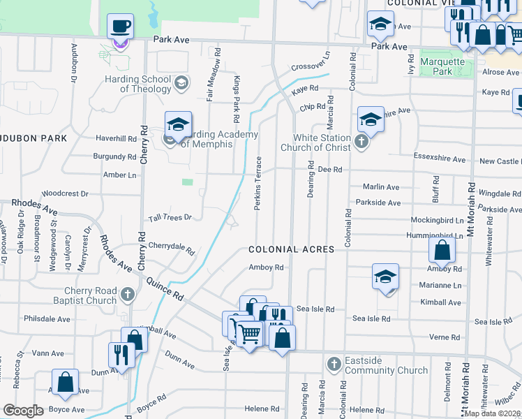 map of restaurants, bars, coffee shops, grocery stores, and more near 1214 Perkins Terrace in Memphis