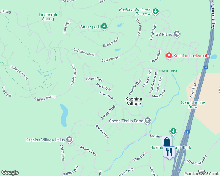 map of restaurants, bars, coffee shops, grocery stores, and more near 2705 Nakai Trail in Flagstaff