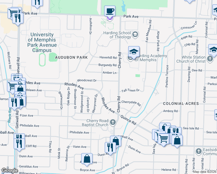 map of restaurants, bars, coffee shops, grocery stores, and more near 1227 Cherrydale Cove in Memphis
