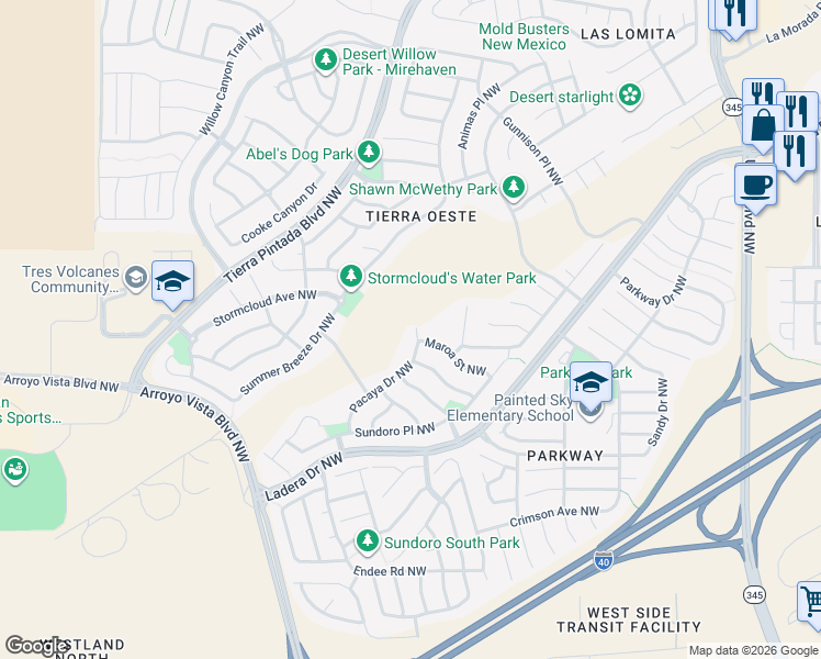 map of restaurants, bars, coffee shops, grocery stores, and more near 1143 Pacaya Drive Northwest in Albuquerque