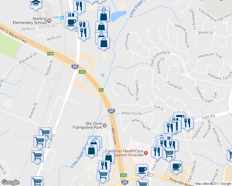map of restaurants, bars, coffee shops, grocery stores, and more near 10214 Kilmory Terrace in Charlotte