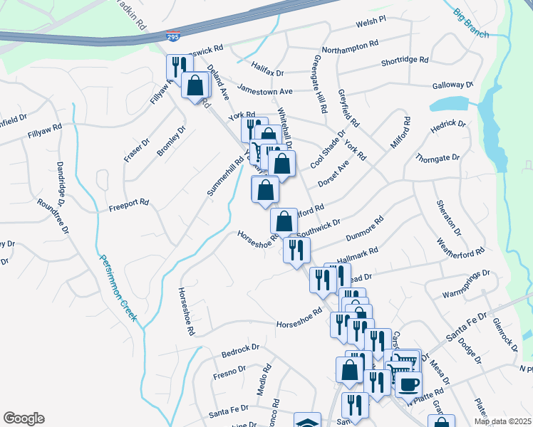 map of restaurants, bars, coffee shops, grocery stores, and more near 6105 Yadkin Road in Fayetteville