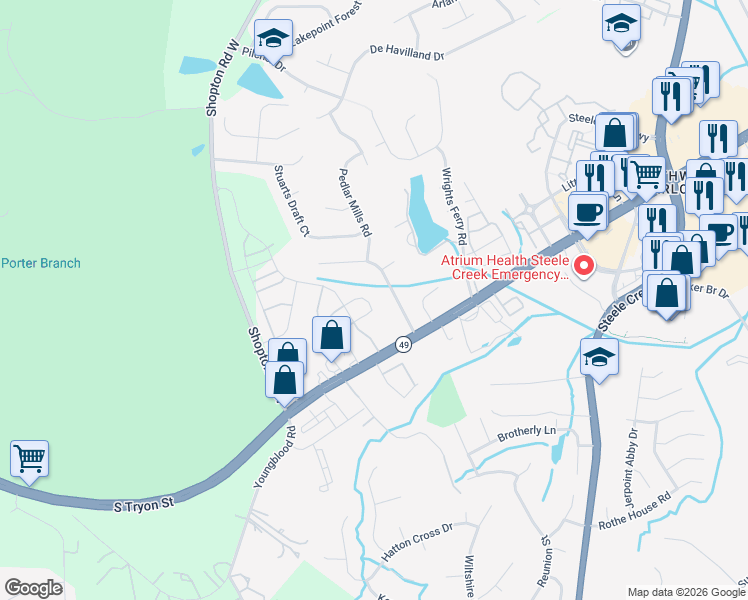 map of restaurants, bars, coffee shops, grocery stores, and more near 13765 Singleleaf Lane in Charlotte