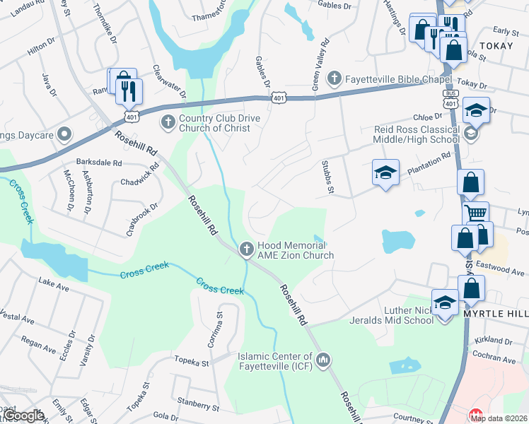 map of restaurants, bars, coffee shops, grocery stores, and more near 1718 Zion Drive in Fayetteville