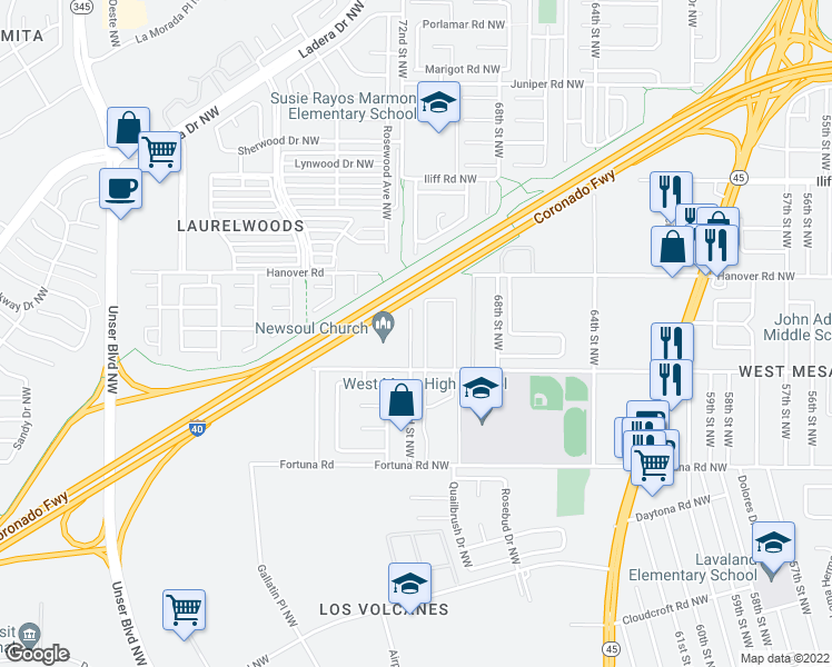 map of restaurants, bars, coffee shops, grocery stores, and more near 1012 72nd Street Northwest in Albuquerque