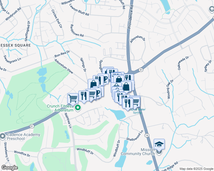 map of restaurants, bars, coffee shops, grocery stores, and more near 3201 Pineville-Matthews Road in Charlotte