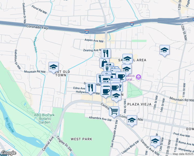map of restaurants, bars, coffee shops, grocery stores, and more near 2308 Mountain Road Northwest in Albuquerque