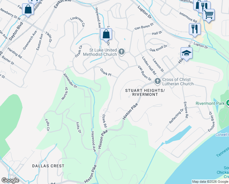 map of restaurants, bars, coffee shops, grocery stores, and more near 2924 Ozark Road in Chattanooga