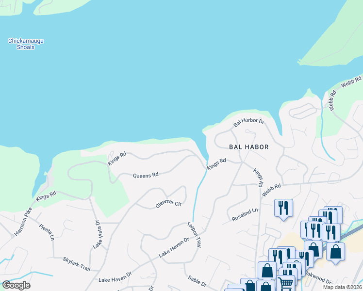 map of restaurants, bars, coffee shops, grocery stores, and more near 3785 Kings Road in Chattanooga