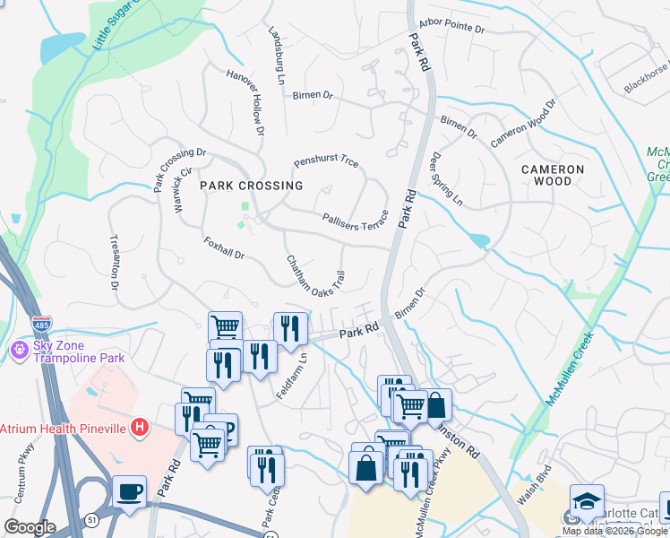 map of restaurants, bars, coffee shops, grocery stores, and more near 9724 Chatham Oaks Trail in Charlotte