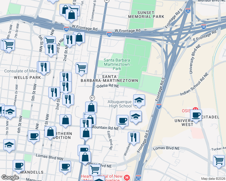 map of restaurants, bars, coffee shops, grocery stores, and more near 515 San Ignacio Court Northeast in Albuquerque