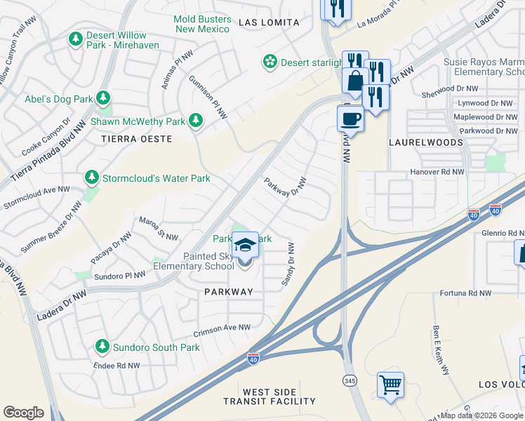 map of restaurants, bars, coffee shops, grocery stores, and more near 8127 Sheffield Place Northwest in Albuquerque