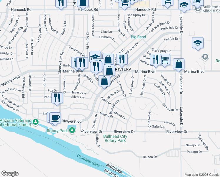 map of restaurants, bars, coffee shops, grocery stores, and more near 2074 Riviera Boulevard in Bullhead City