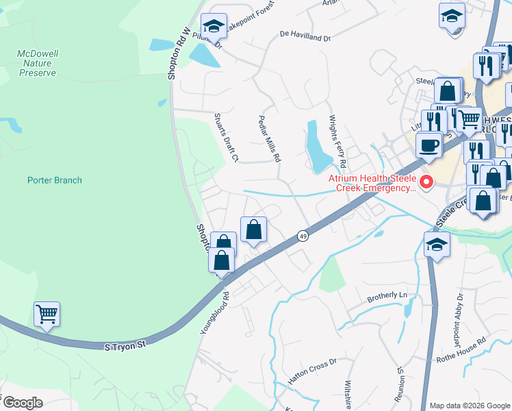 map of restaurants, bars, coffee shops, grocery stores, and more near in Charlotte