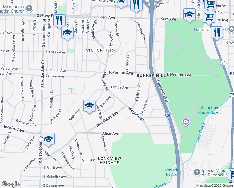 map of restaurants, bars, coffee shops, grocery stores, and more near 1770 Marjorie Street in Memphis