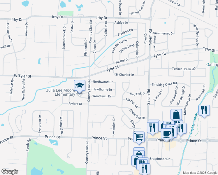 map of restaurants, bars, coffee shops, grocery stores, and more near 26 Hawthorne Drive in Conway