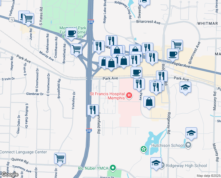 map of restaurants, bars, coffee shops, grocery stores, and more near 1208 Middle Court in Memphis
