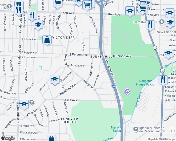map of restaurants, bars, coffee shops, grocery stores, and more near 1765 Gaither Street in Memphis