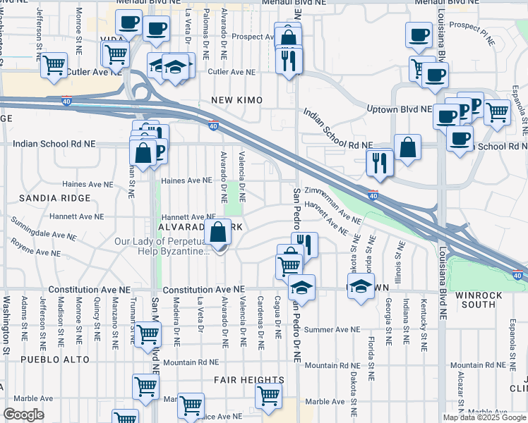 map of restaurants, bars, coffee shops, grocery stores, and more near 5722 Hannett Avenue Northeast in Albuquerque