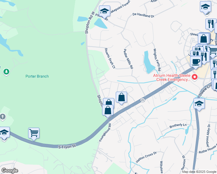 map of restaurants, bars, coffee shops, grocery stores, and more near 14043 Singleleaf Lane in Charlotte