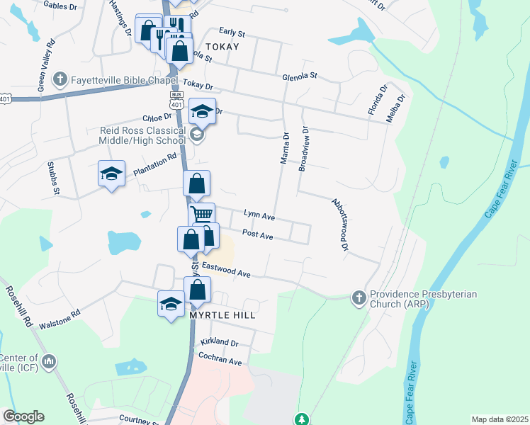 map of restaurants, bars, coffee shops, grocery stores, and more near 305 Lynn Avenue in Fayetteville