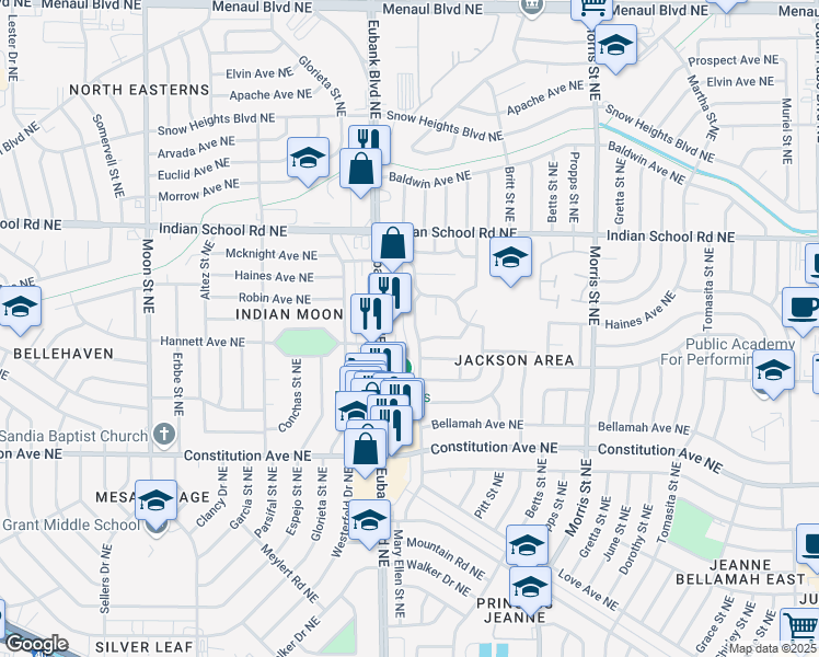 map of restaurants, bars, coffee shops, grocery stores, and more near 1613 Mary Ellen Street in Albuquerque