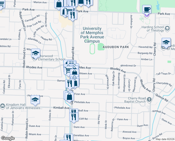 map of restaurants, bars, coffee shops, grocery stores, and more near 1209 Dogwood Drive in Memphis