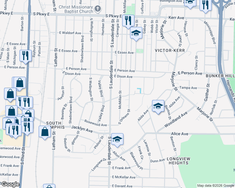 map of restaurants, bars, coffee shops, grocery stores, and more near 1771 McMillan Street in Memphis