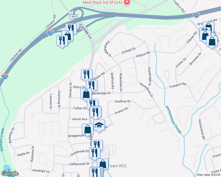 map of restaurants, bars, coffee shops, grocery stores, and more near 611 Bedford Road in Fayetteville
