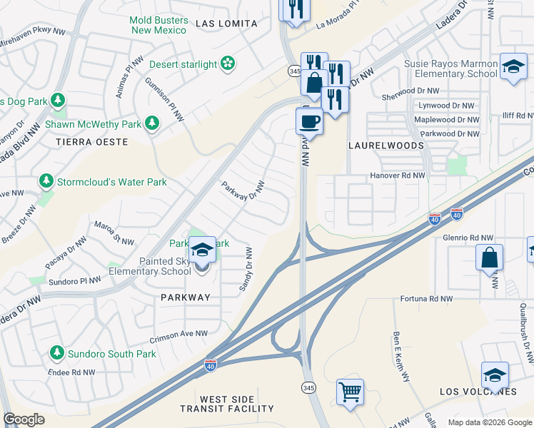 map of restaurants, bars, coffee shops, grocery stores, and more near 8027 Waterbury Avenue Northwest in Albuquerque