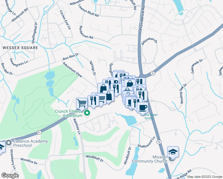 map of restaurants, bars, coffee shops, grocery stores, and more near 3201 Pineville-Matthews Rd in Charlotte