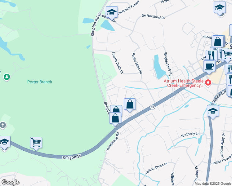 map of restaurants, bars, coffee shops, grocery stores, and more near 14043 Singleleaf Lane in Charlotte