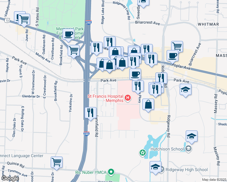 map of restaurants, bars, coffee shops, grocery stores, and more near 1204 Chamberlain Drive in Memphis