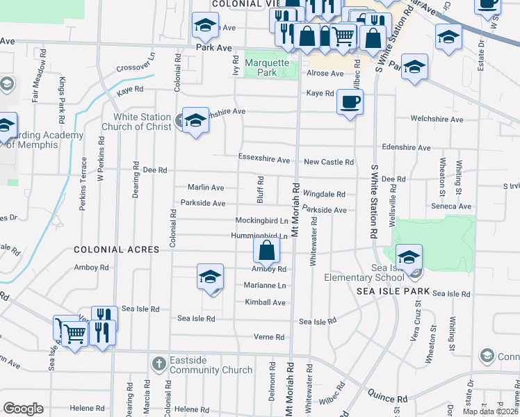 map of restaurants, bars, coffee shops, grocery stores, and more near 4915 Parkside Avenue in Memphis