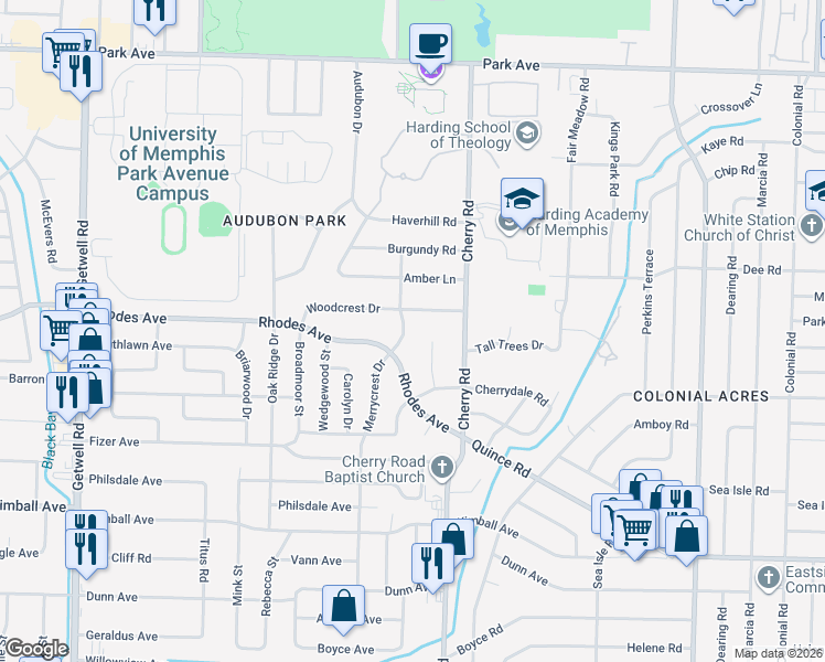 map of restaurants, bars, coffee shops, grocery stores, and more near 1227 Cherrydale Cove in Memphis
