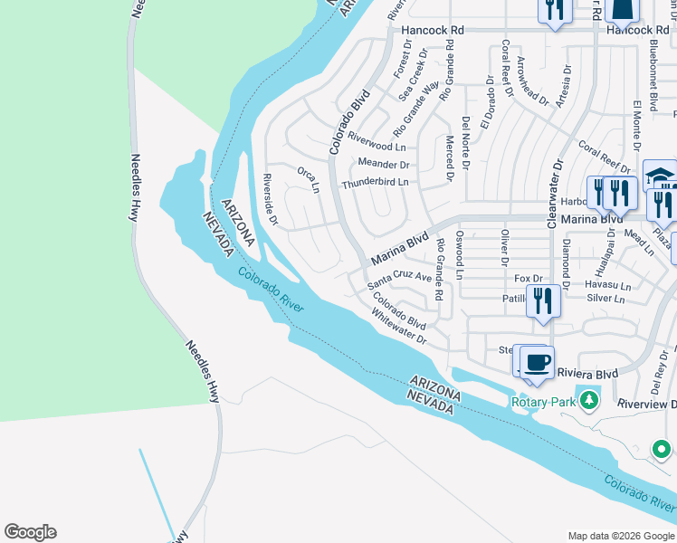 map of restaurants, bars, coffee shops, grocery stores, and more near 243 Marina Boulevard in Bullhead City