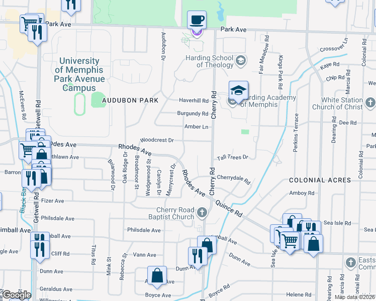map of restaurants, bars, coffee shops, grocery stores, and more near 1227 Cherrydale Cove in Memphis