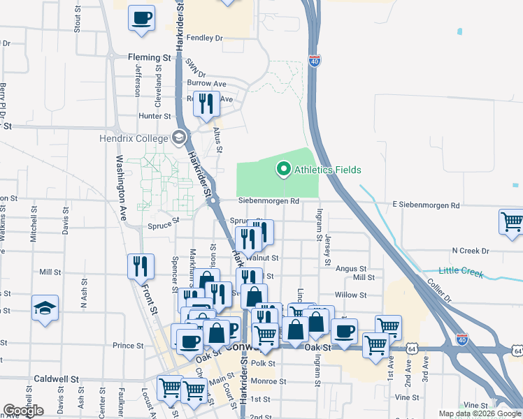 map of restaurants, bars, coffee shops, grocery stores, and more near 814 Spruce Street in Conway