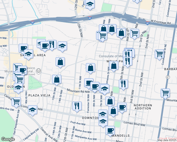 map of restaurants, bars, coffee shops, grocery stores, and more near 1223 Forrester Avenue Northwest in Albuquerque
