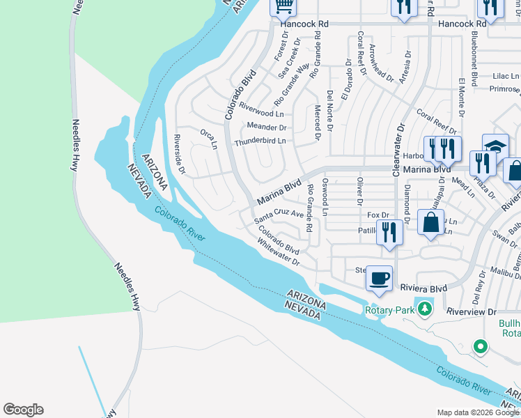 map of restaurants, bars, coffee shops, grocery stores, and more near 2022 Colorado Boulevard in Bullhead City