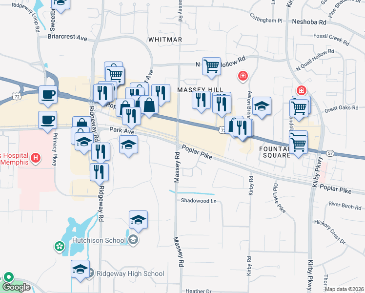 map of restaurants, bars, coffee shops, grocery stores, and more near 6330 Poplar Pike in Memphis