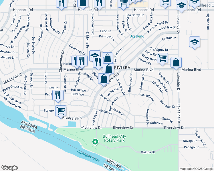 map of restaurants, bars, coffee shops, grocery stores, and more near 2070 Riviera Boulevard in Bullhead City